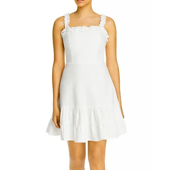 Aqua NWT Ruffled Strap Mini Dress Sleeveless Smocked Linen Blend White Large New - Picture 13 of 13